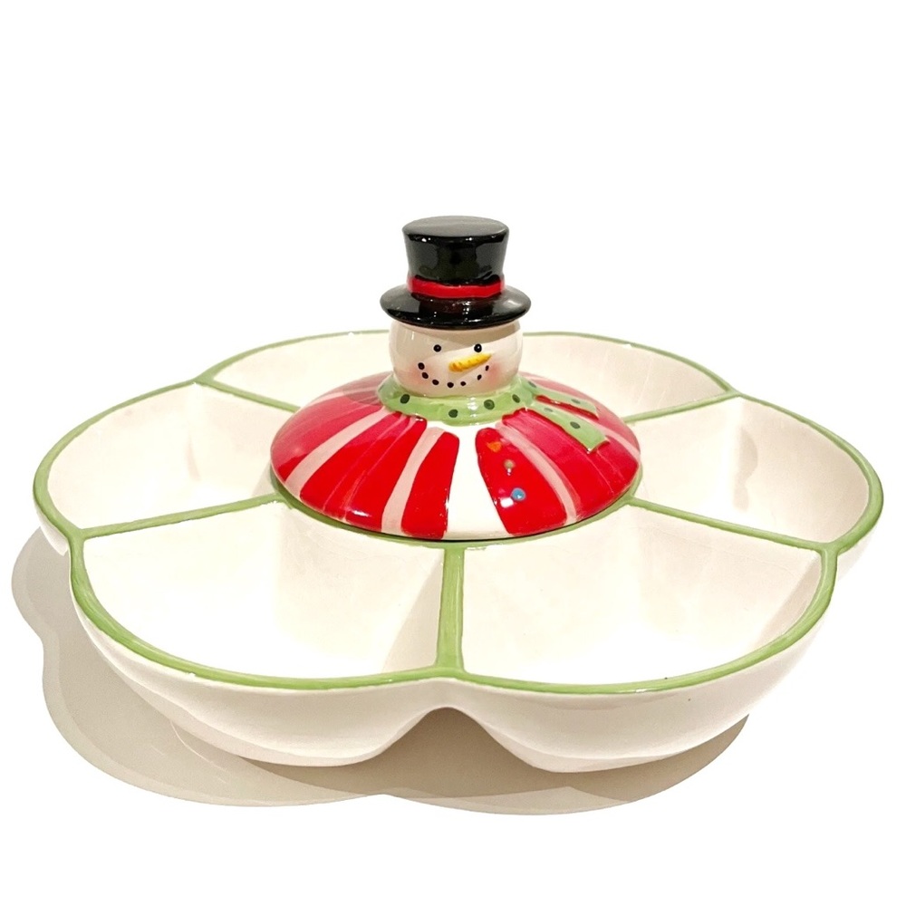 Snowman Snack Tray Candy Chips Dip Christmas Holiday Winter Sectioned Dish Red